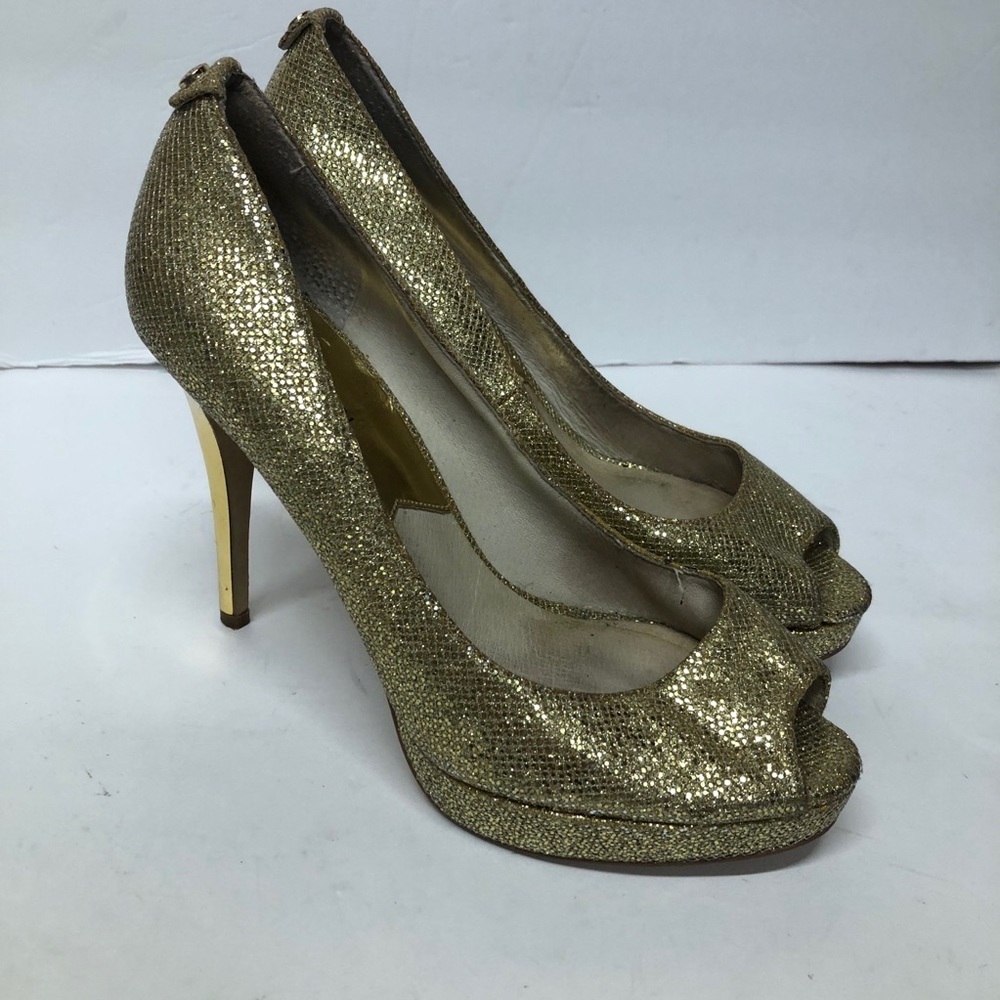 Michael Kors York Gold Glitter Peeptoe Heels SZ 8